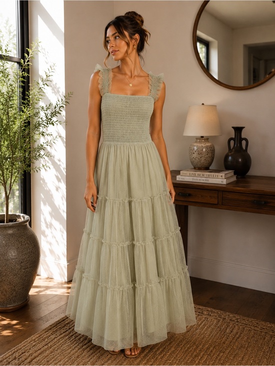 PrettyGarden Dresses & Skirts - PrettyGarden Sage Green Smocked Tiered Maxi Dress Size L Ruffle Strap NWOT